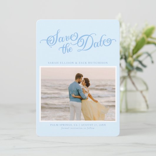 Classy Pastel Blue Elegant Script Save The Date セーブザデート (スタンド正面)