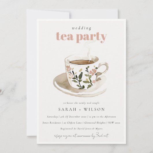 Classy Pastel Floral Tea Cup Wedding Tea Party  招待状 (正面)