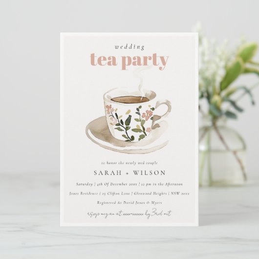 Classy Pastel Floral Tea Cup Wedding Tea Party 招待状 (スタンド正面)