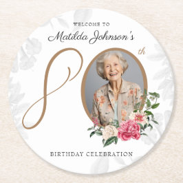 Classy Photo Botanical Floral 80th Birthday ラウンドペーパーコースター