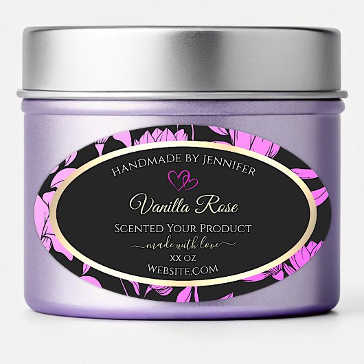 Classy PinkおよびBlackフローラ製品ラベルハート 楕円形シール