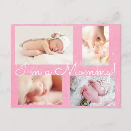 Classy Pink "I am a Mommy"出産発表 案内ポストカード (正面)