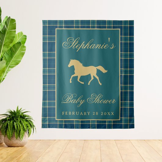 Classy Plaid Horse Equestrian Baby Shower Backdrop タペストリー
