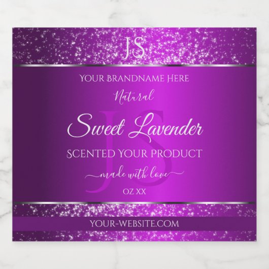 Classy Purple with Glitter Initials Product Labels リキュールボトルラベル (シングルラベル)