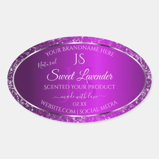 Classy Purple with Glitter Initials Product Labels 楕円形シール (正面)