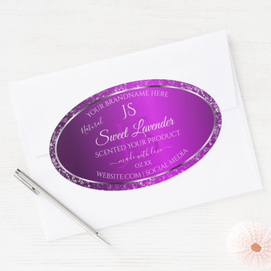 Classy Purple with Glitter Initials Product Labels 楕円形シール (封筒)