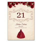 Classy Quinceanera Red Roses Floral Burgundy テーブルナンバー (裏面)