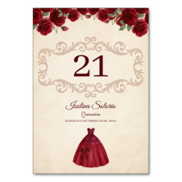 Classy Quinceanera Red Roses Floral Burgundy  テーブルナンバー