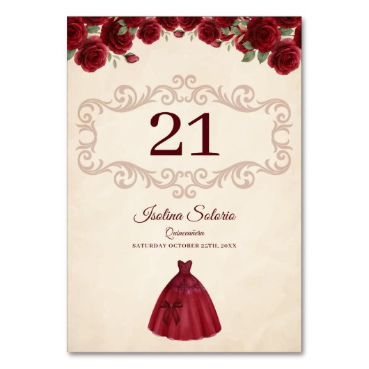Classy Quinceanera Red Roses Floral Burgundy テーブルナンバー (正面)