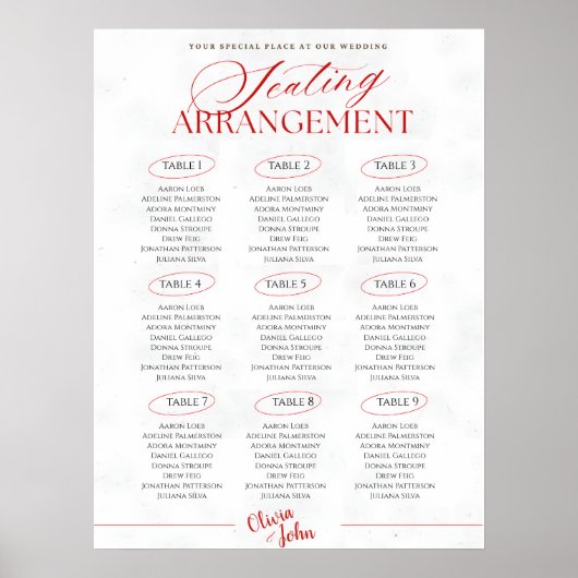 Classy Red Minimalist Wedding Seating Chart Poster ポスター (正面)