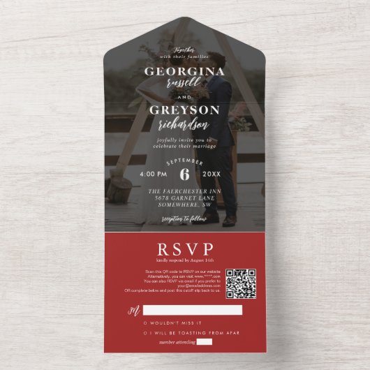Classy Red RSVP Photo QR Code Wedding オールインワン招待状 (内側)