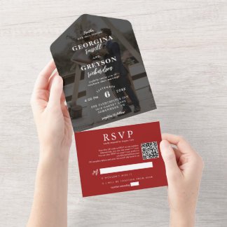 Classy Red RSVP Photo QR Code Wedding オールインワン招待状