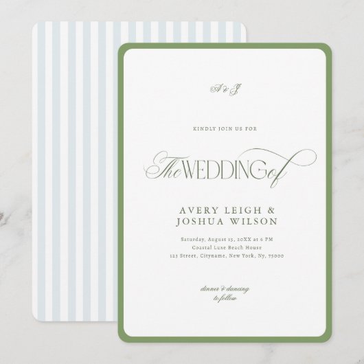 Classy Sage Green & Blue Stripes Coastal Wedding 招待状 (正面/裏面)