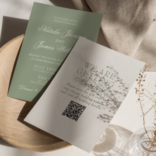 Classy Sage Green Boho Modern QR Code Wedding 招待状