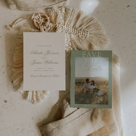 Classy Sage Green Boho Old Money Photo Wedding セーブザデート