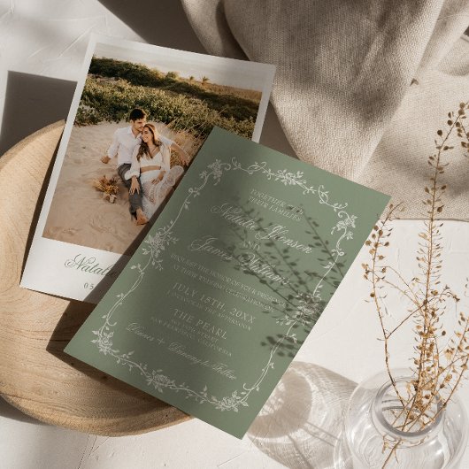 Classy Sage Green Floral Boho Botanical Wedding 招待状