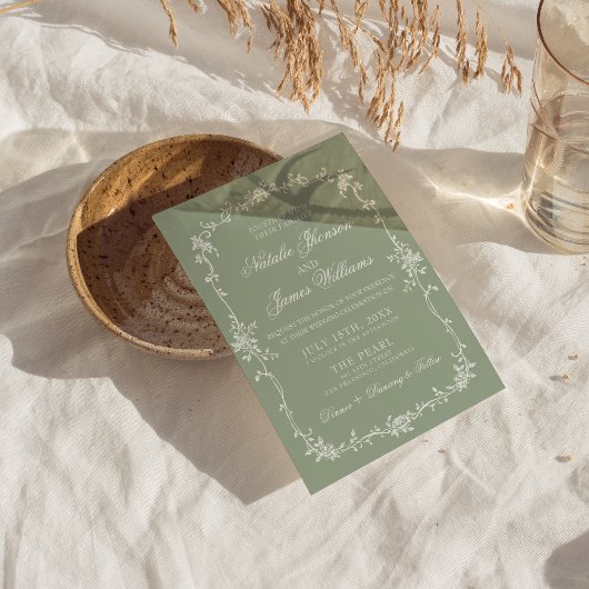 Classy Sage Green Floral Boho Botanical Wedding 招待状