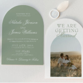 Classy Sage Green Luxury Boho Arched Wedding 招待状