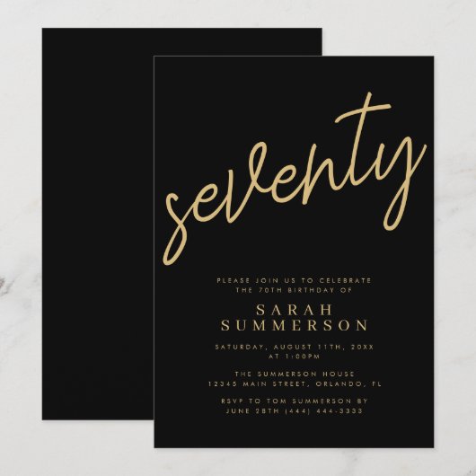 Classy Script Seventy Black Gold 70th Birthday 招待状 (正面/裏面)