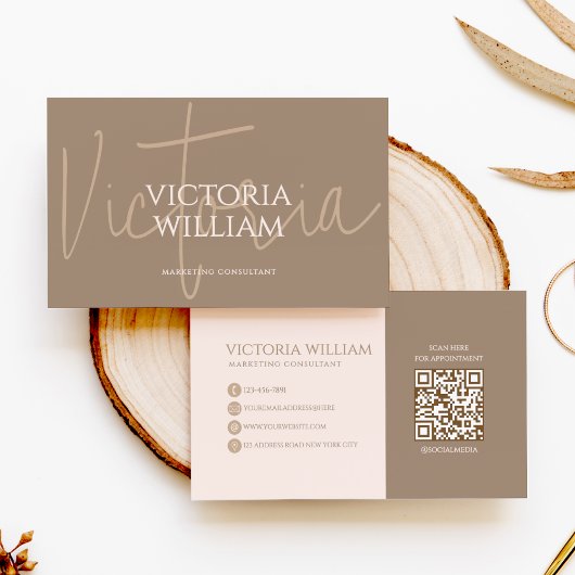 Classy Soft Neutral Beige Script QR Code 名刺