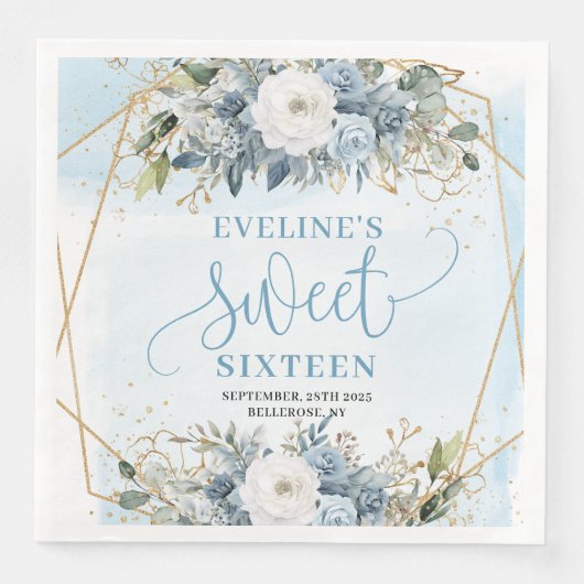 Classy Sweet Sixteen Blue and Gold Greenery Napkin (正面)