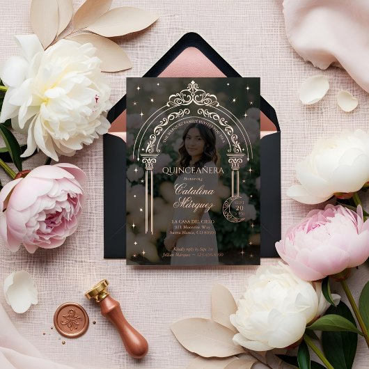 Classy Tiara Celestial Moon Star Photo Quinceañera 箔招待状