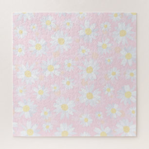 Classy White Daisy Flowers Botanical Pink design ジグソーパズル