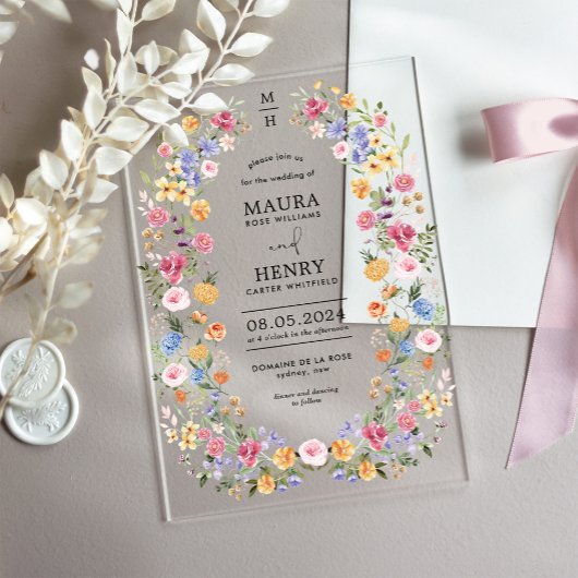 Classy Wildflower Garden Monogram Wedding アクリル招待状