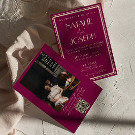 Classy Wine Old Money Retro Photo QR Code Wedding 招待状