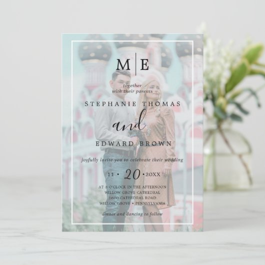 Clasy Black & White Vellumエフェクト写真結婚の種類 招待状 (スタンド正面)