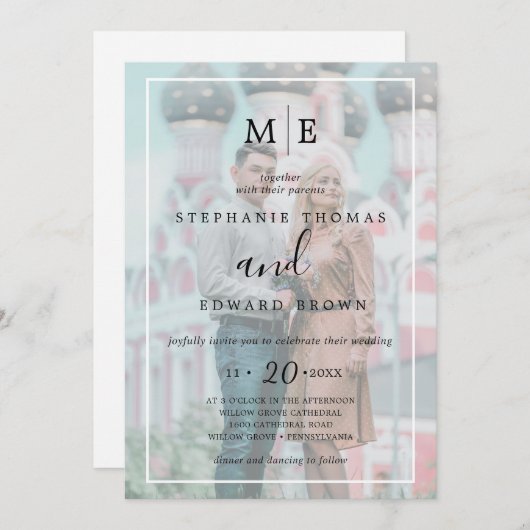 Clasy Black & White Vellumエフェクト写真結婚の種類 招待状 (正面/裏面)