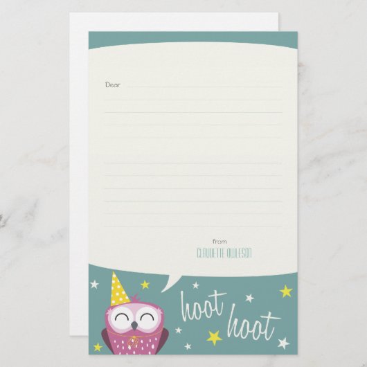 Claudetteパーティーのフクロウの|並べられたノート紙 便箋 (正面/裏面)