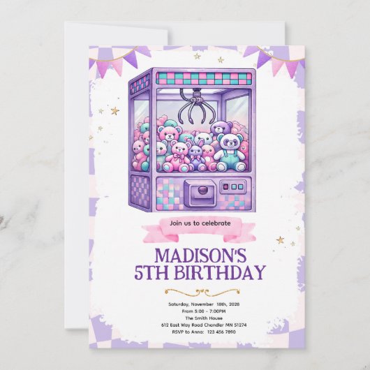 Claw machine arcade party invitation 招待状 (正面)