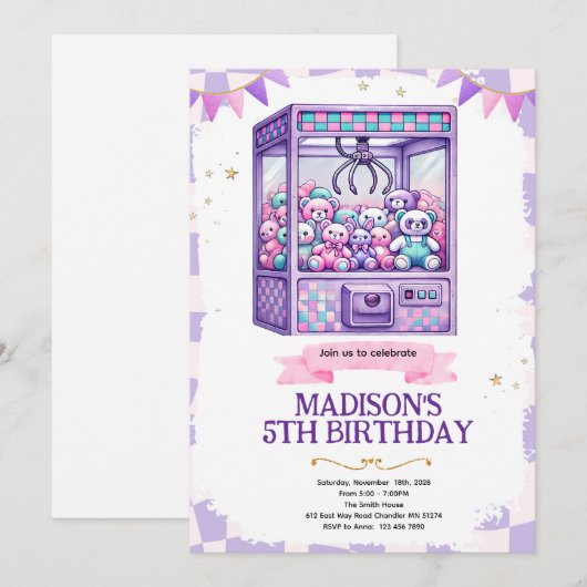 Claw machine arcade party invitation 招待状 (正面/裏面)