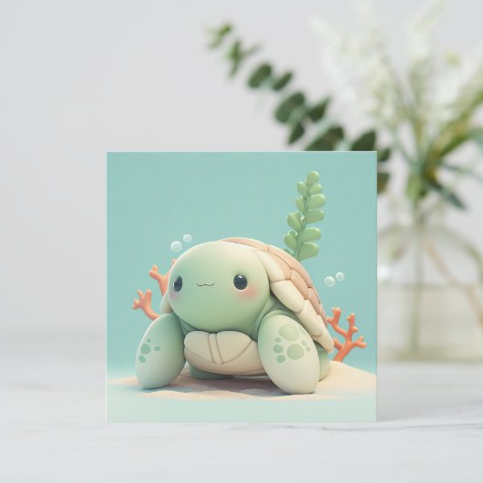 Clay Sea Turtle in Underwater Coral Reef Postcard (スタンド正面)