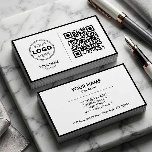 Clean Black White Minimalist QR Code Logo 名刺