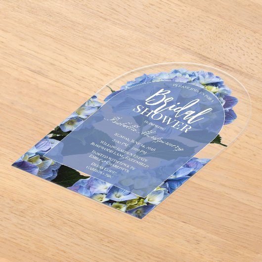 Clean Blue Hydrangea Floral Bridal Shower アクリル招待状 (レイダウン)
