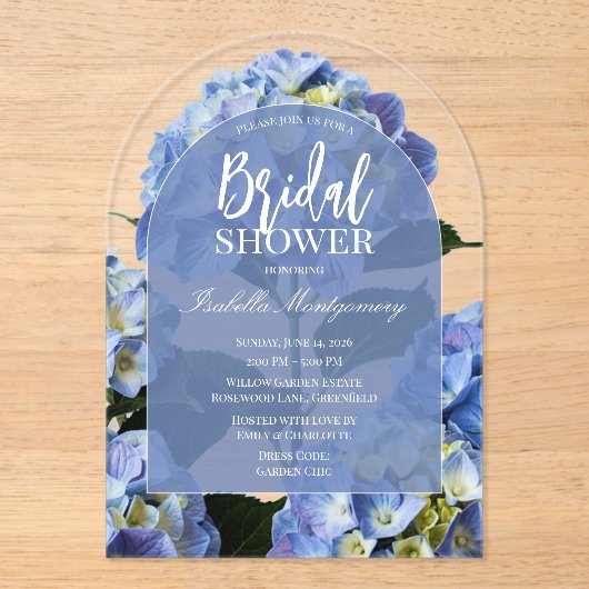 Clean Blue Hydrangea Floral Bridal Shower アクリル招待状 (正面)
