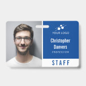 Clean Blue White Employee ID Add Your Logo バッジ (Front)
