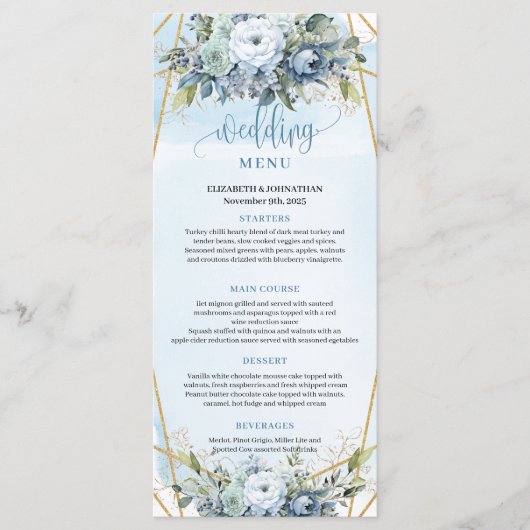 Clean Dusty Blue Gold Frame Floral Wedding Menu メニュー (正面)