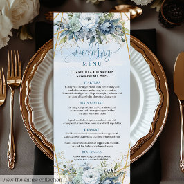 Clean Dusty Blue Gold Frame Floral Wedding Menu メニュー