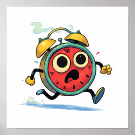 Clean Flat Color Art: Retro Running Alarm Clock ポスター