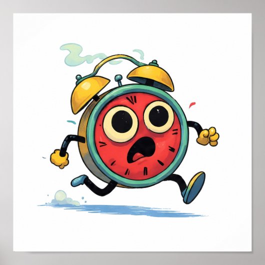 Clean Flat Color Art: Retro Running Alarm Clock ポスター (正面)