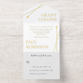 Clean Gray White Gold Arrow Minimalist Wedding オールインワン招待状