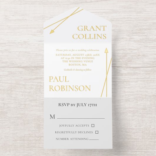 Clean Gray White Gold Arrow Minimalist Wedding オールインワン招待状 (内側)