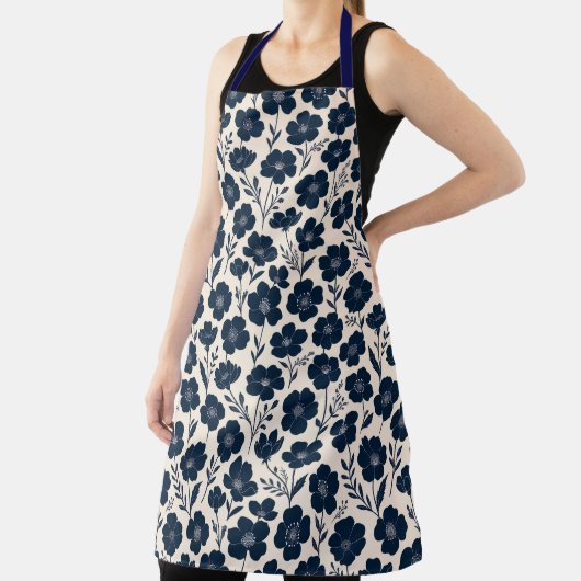 Clean monochrome wildflowers in navy on cream  エプロン (インサイチュ)