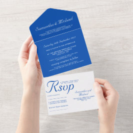 Clean simple Cobalt Blue white wedding オールインワン招待状
