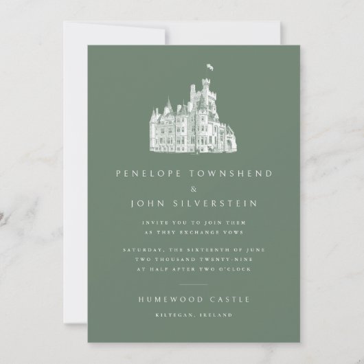 Clean Typography Castle Illustration Green Wedding 招待状 (正面)