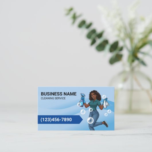 Cleaning モダン Service Cartoon Maid Blue Curves 名刺 (スタンド正面)