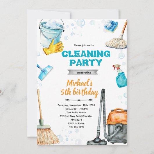 Cleaning birthday party invite 招待状 (正面)